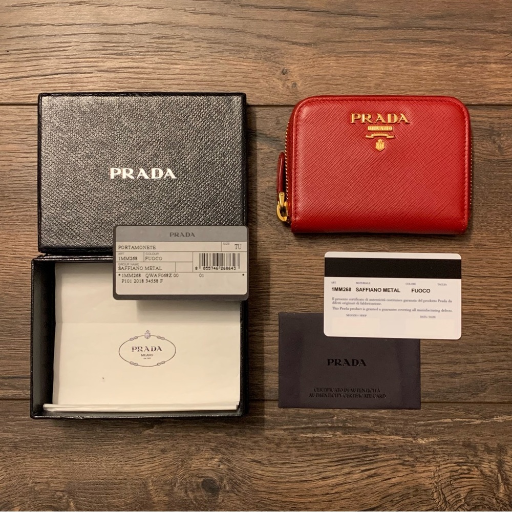Prada Fuoco (Cherry Red) Saffiano Leather Compact Zip Around Wallet